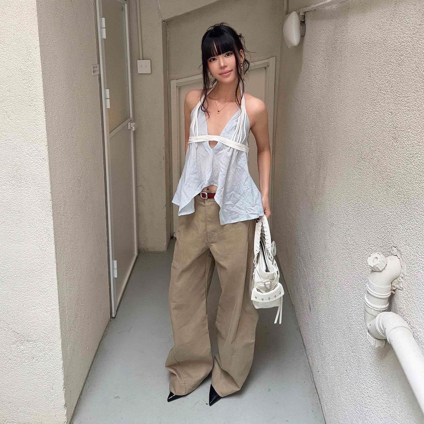 韩系小众浅蓝V领绑带挂脖吊带背背心吊带