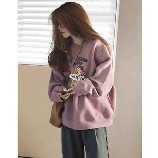 2025秋冬新款圆领卫衣女宽松薄款春秋季显瘦韩版慵懒风粉色上衣女