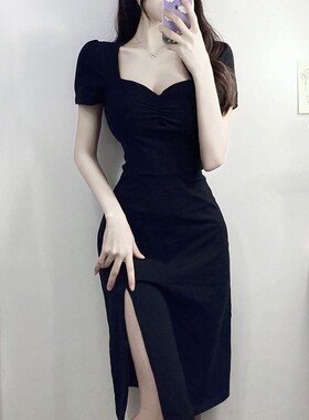 御姐风显身材性感小黑裙春夏季修身显瘦气质女人味开叉黑色连衣裙