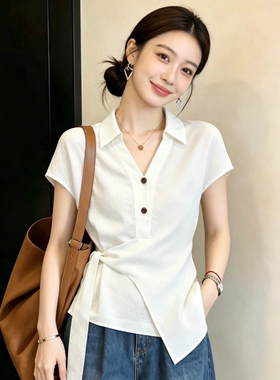 白色翻领短袖衬衫女款2026新款夏季系带收腰法式小资别致上衣衬衣