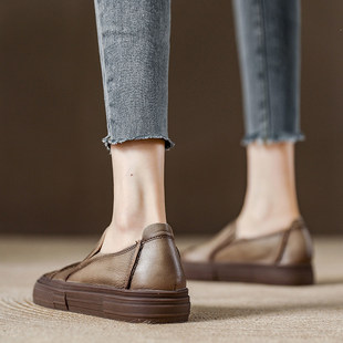 春季真皮复古方头女鞋子头层牛皮一脚蹬懒人单鞋女款软底休闲板鞋