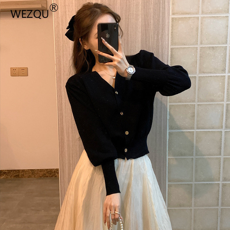 黑色V领针织开衫女秋季收腰外搭
