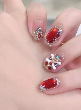 新年醒狮手工穿戴甲红色显白猫眼秋冬新款轻奢高级感重工美甲成品