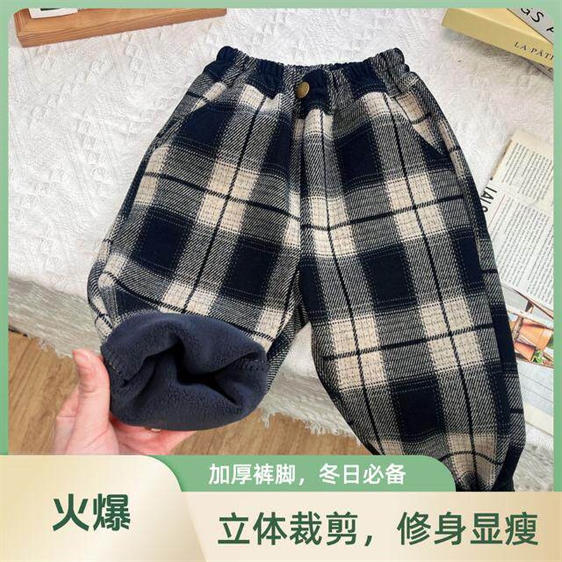 男女童加绒裤子秋冬新款韩版儿童宽松百搭格子裤冬季一体绒厚长裤
