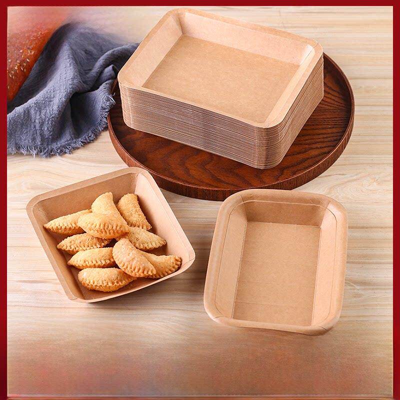 烧烤点心纸盘碟盒装午餐盒餐具一次性牛皮纸矩形托盘烧烤餐盘