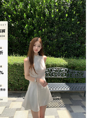 paosweet 怦然心动 亚麻花边立领收腰无袖短裙老钱白色A字连衣裙