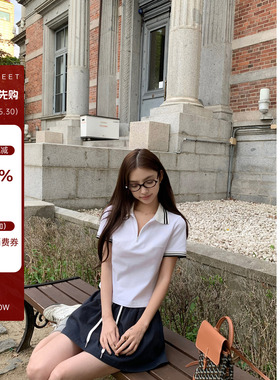 paosweet polo序章 复古老钱修身半开拉链翻领白色短袖T恤女夏