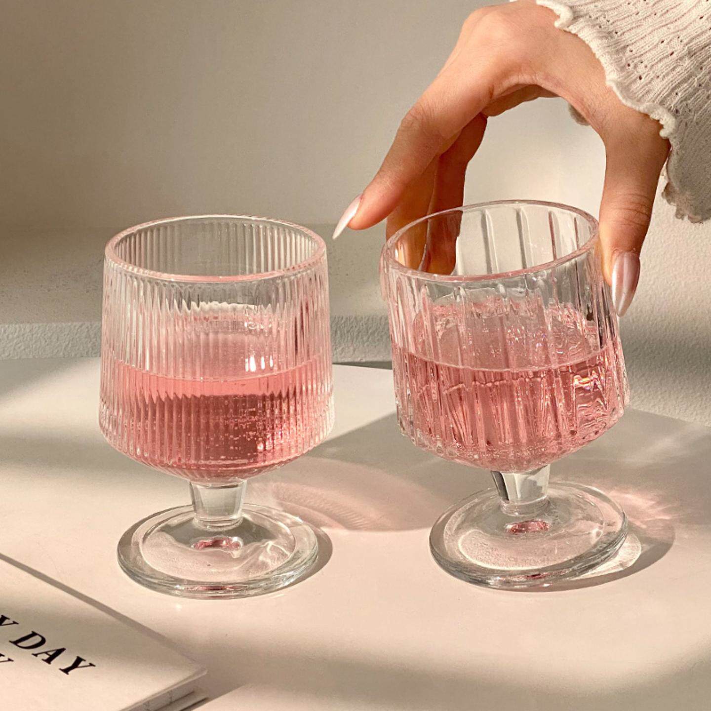 竖条纹矮款脚杯子高颜值家用玻璃杯饮料果汁水杯洋酒杯冰淇淋1个