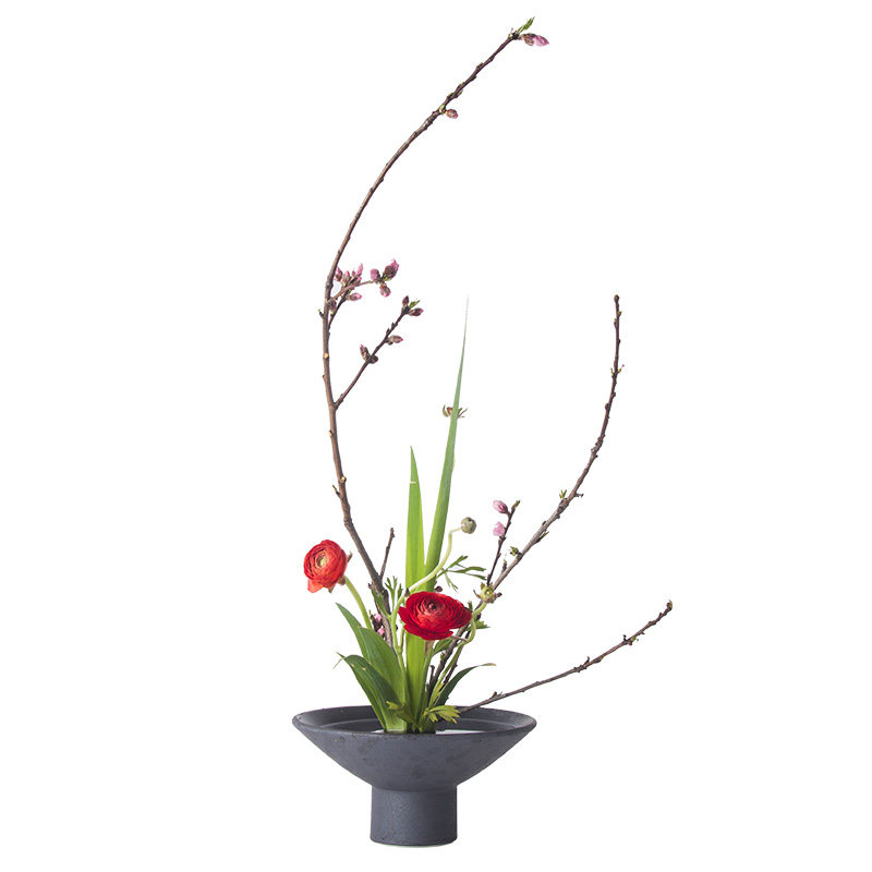 禅意花器花道日式剑山插花器小原流池坊高脚斗笠黑色器皿中式水盘