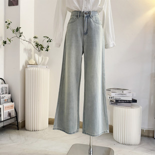 复古怀旧浅蓝色阔腿牛仔裤女2026春夏韩版高腰直筒宽松显瘦拖地裤