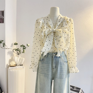植绒爱心波点衬衫女长袖2026春季法式气质飘带荷叶边雪纺小衫上衣