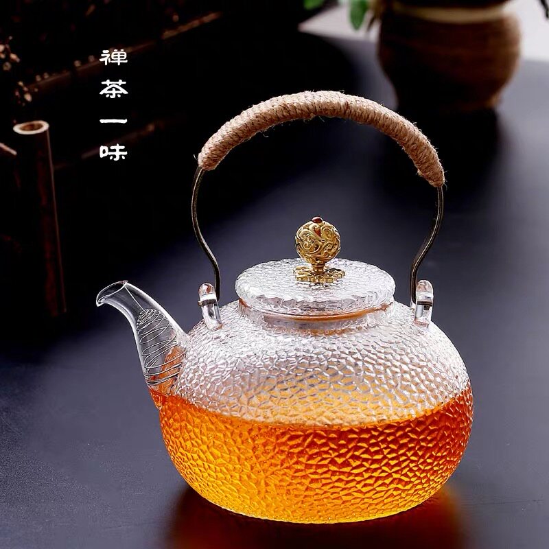 日式耐热玻璃锤目纹铜把提梁壶电陶炉煮茶器烧水壶加厚耐高温家用