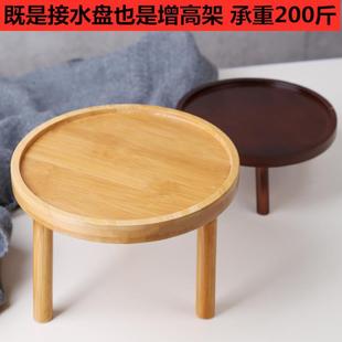 花盆托盘底座接水盘圆单层花架一层落地实木猫碗架木质竹花瓶绿萝