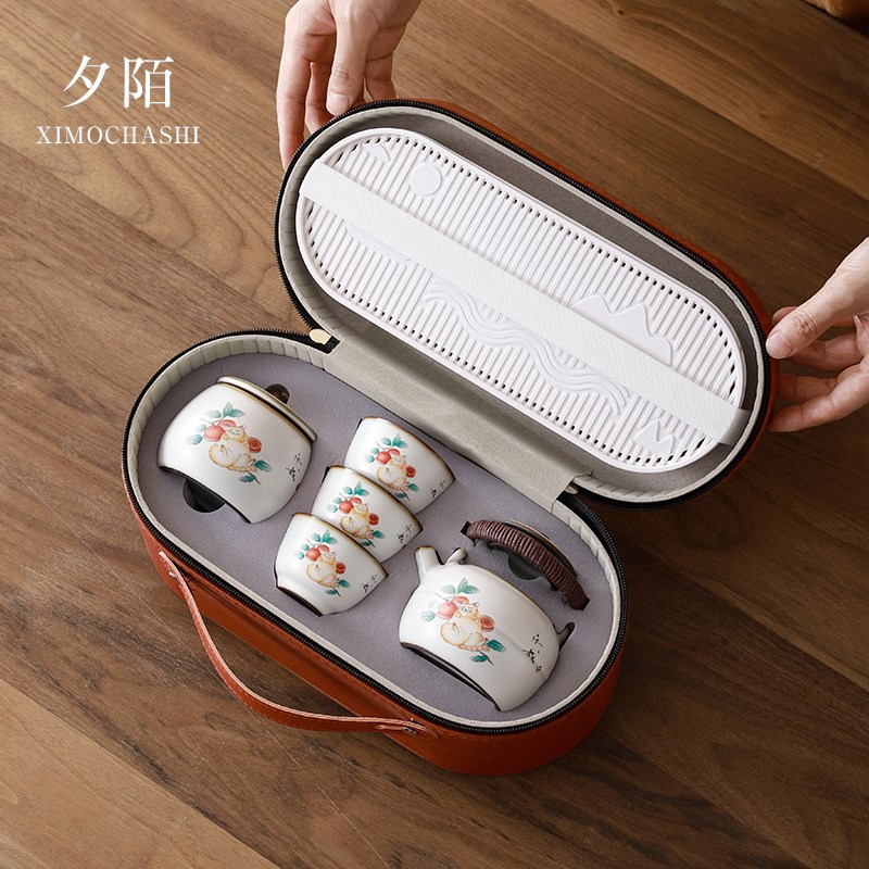 汝窑茶具套装可爱猫咪户外旅行便携泡茶小套组商务伴手礼定制logo
