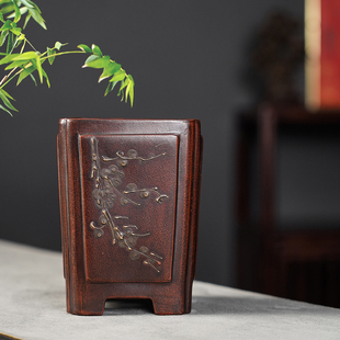 清香阁 摹古清款泥绘紫砂花盆 桌面小盆绿植盆景多肉菖蒲老味花器