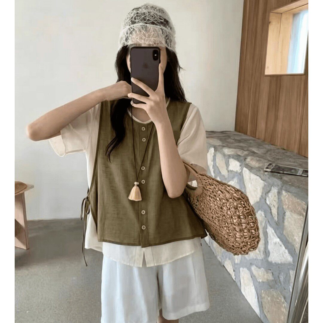 大码韩系显瘦假两件拼接马甲