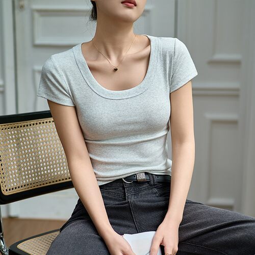 夏季纯棉U领修身显瘦短袖T恤女