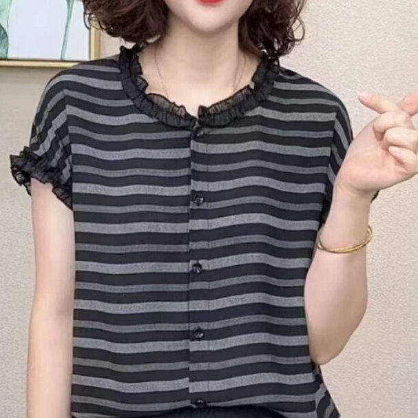 妈妈装夏季雪纺条纹短袖开衫