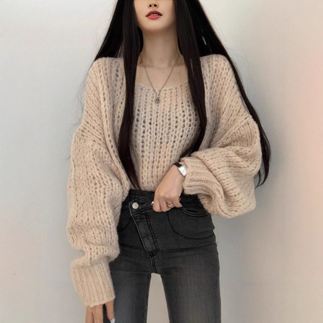 秋季新款韩版百搭糖果色套头毛衣宽松慵懒风粗线灯笼袖针织毛衣女