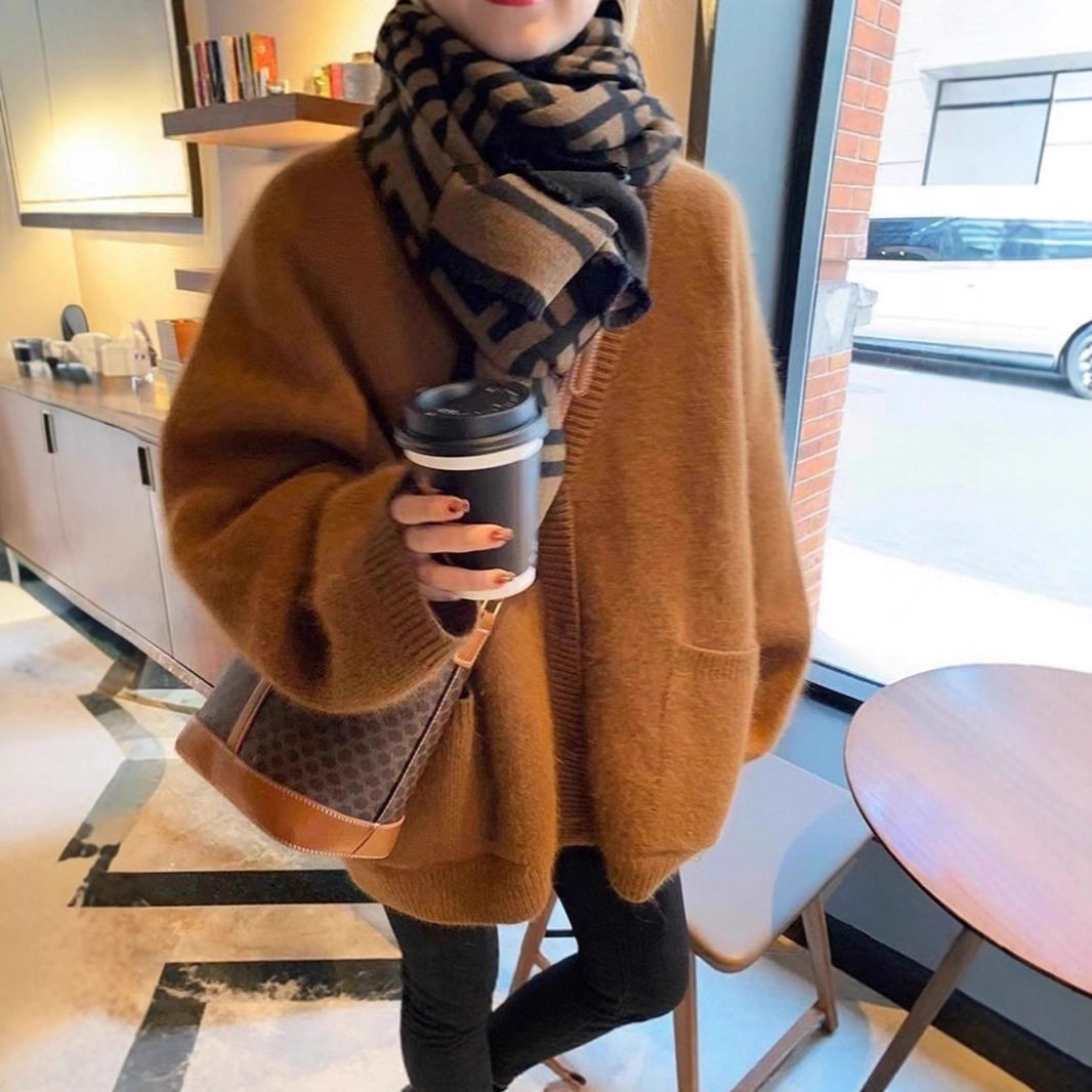 韩版复古口袋毛衣外套女2025秋冬新款慵懒风宽松外穿针织开衫上衣,女装/女士精品,毛衣,淘宝优惠券,粉丝福利购,淘宝优惠卷