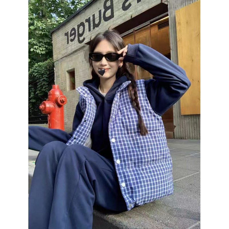 2025新款蓝色格纹无袖马甲背心充棉棉服外套女秋冬设计感立领马夹,女装/女士精品,棉衣/棉服,淘宝优惠券,粉丝福利购,淘宝优惠卷