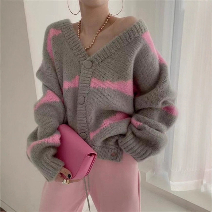 韩国条纹开衫毛衣外套女2025宽松慵懒风纯欲外穿拼色V领针织长袖,女装/女士精品,毛衣,淘宝优惠券,粉丝福利购,淘宝优惠卷