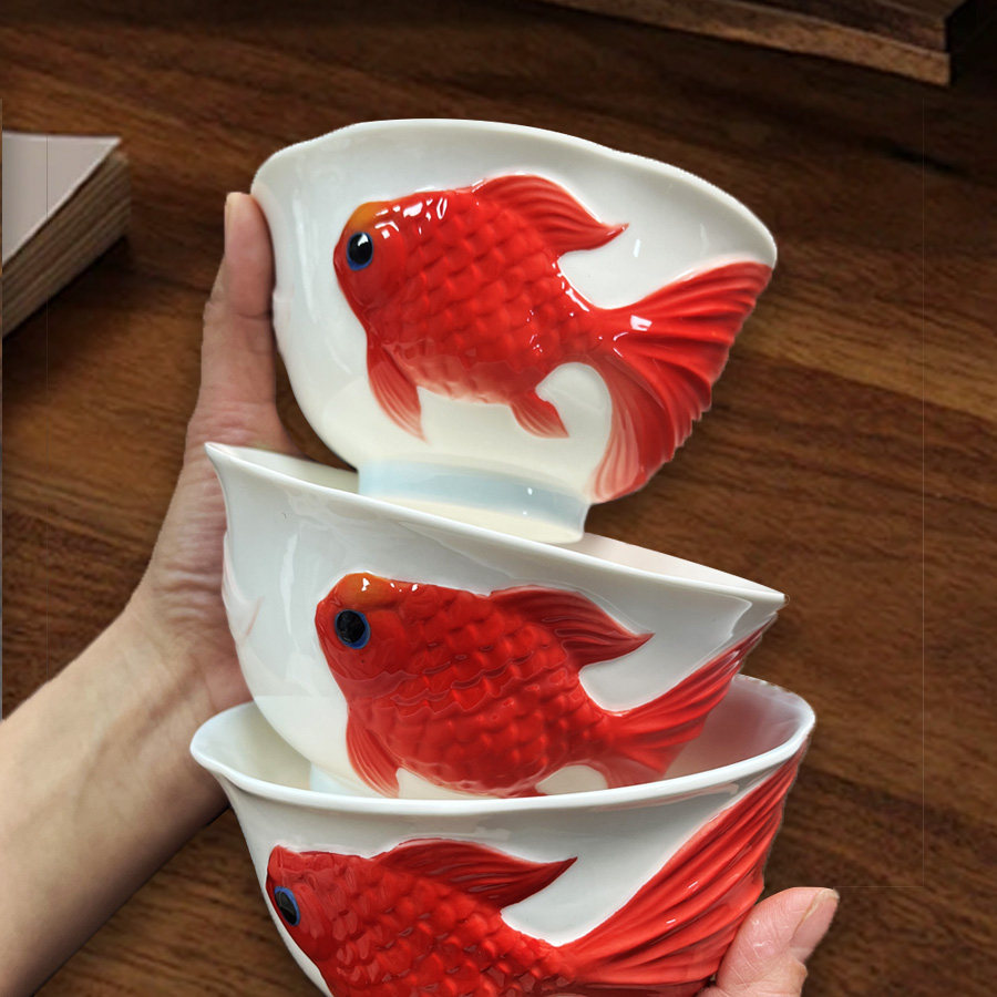 新中式喜庆陶瓷米饭碗金鱼吃饭碗轻奢防烫高脚碗新款家用5英寸碗