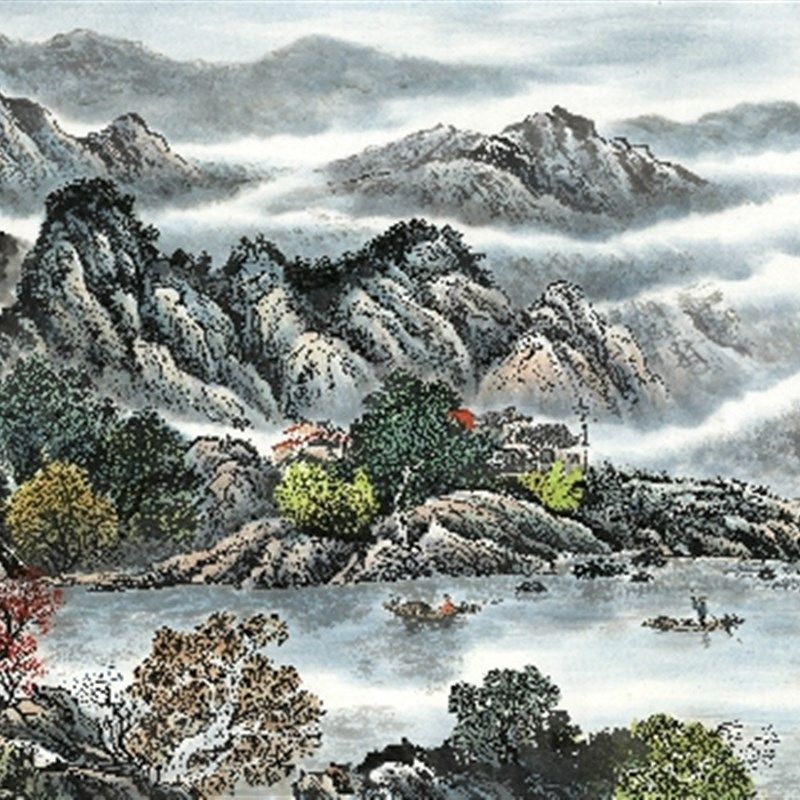 高清晰精美大幅国画中式风景山水靠山图客厅中式背景墙壁装饰贴画