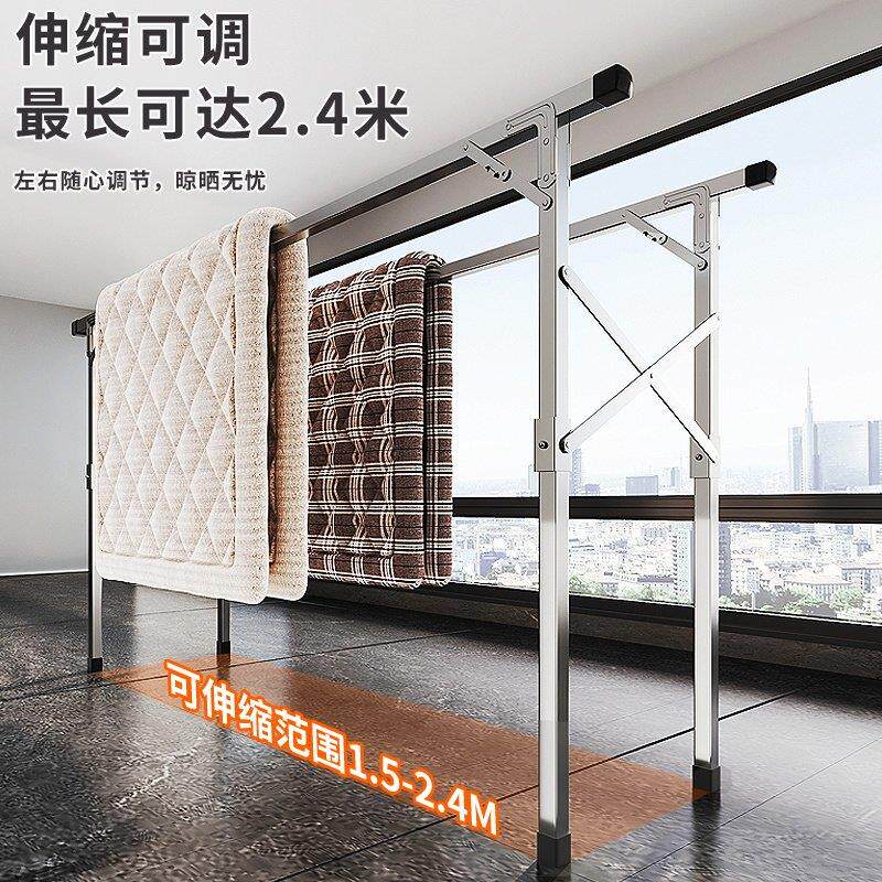 不锈钢免安装地不锈钢晾双杆阳三杆晾衣架可伸缩台落室内晒外晒被