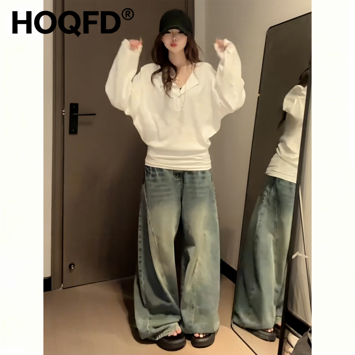 美式排扣v领蝙蝠袖白色长袖女秋