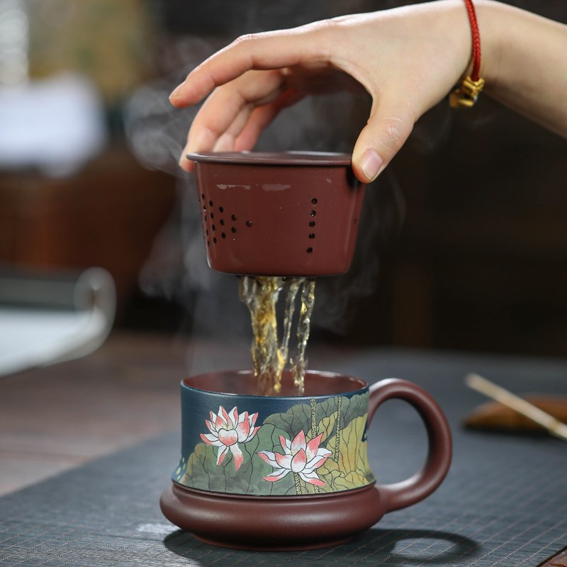 听壶居 宜兴紫砂杯手工彩绘家用盖杯茶具礼品杯带把过滤喝水杯子