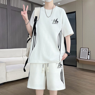 2026夏季新款青少年时尚韩版休闲套装个性印花短袖短裤帅气两件套