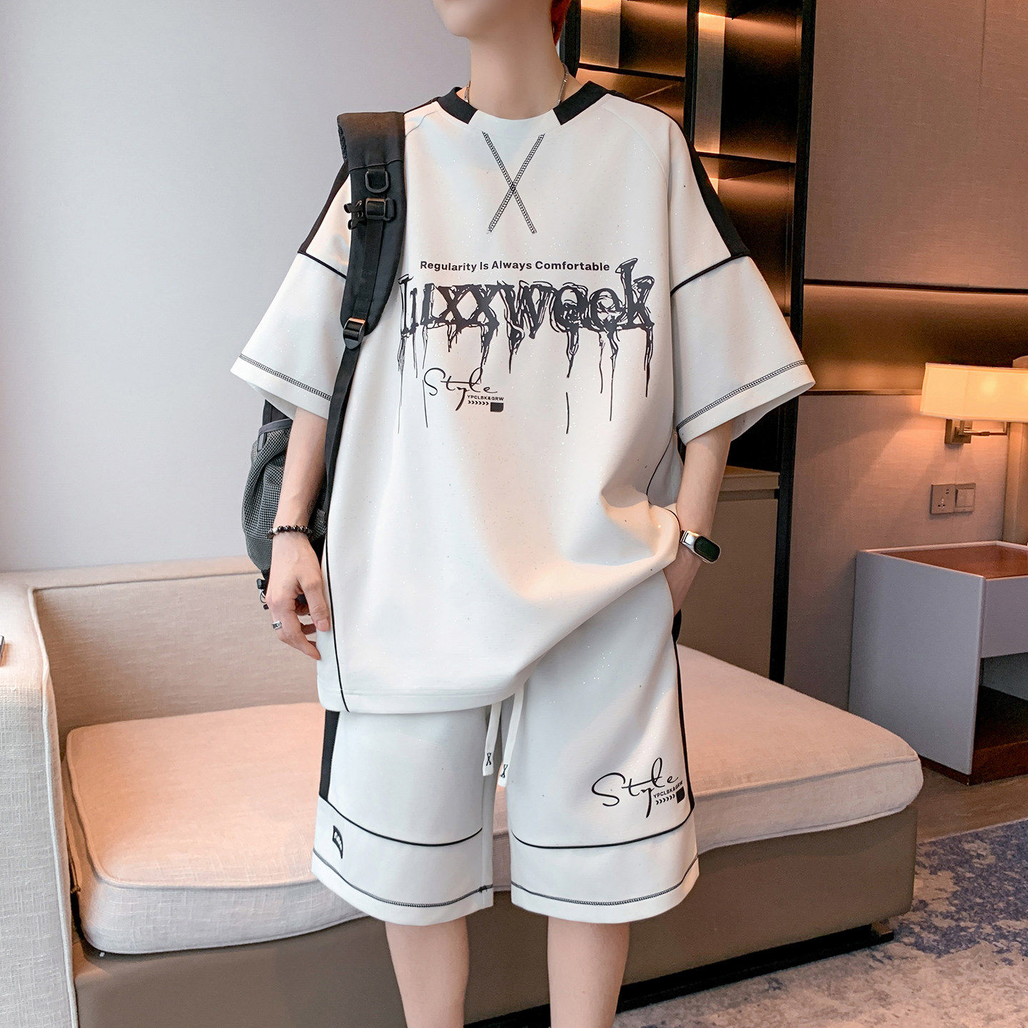 夏季重磅款青少年时尚满天星印花套装宽松透气休闲百搭男生两件套