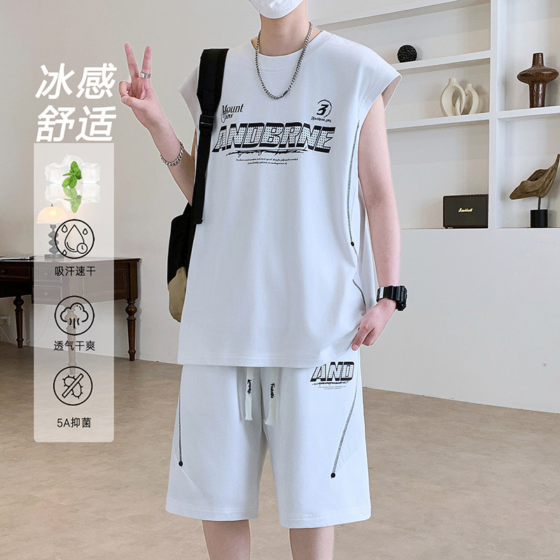 夏季重磅款青少年冰感舒适两件套潮流印花设计无袖短裤时尚套装