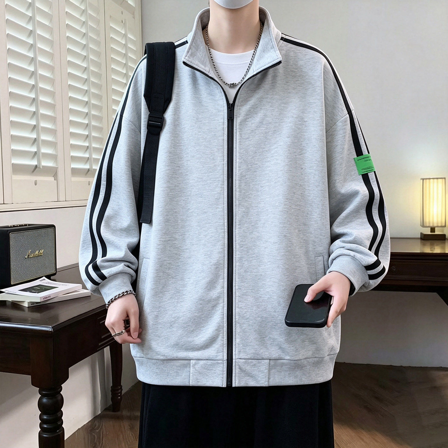 时尚条纹袖设计宽松个性男生外搭