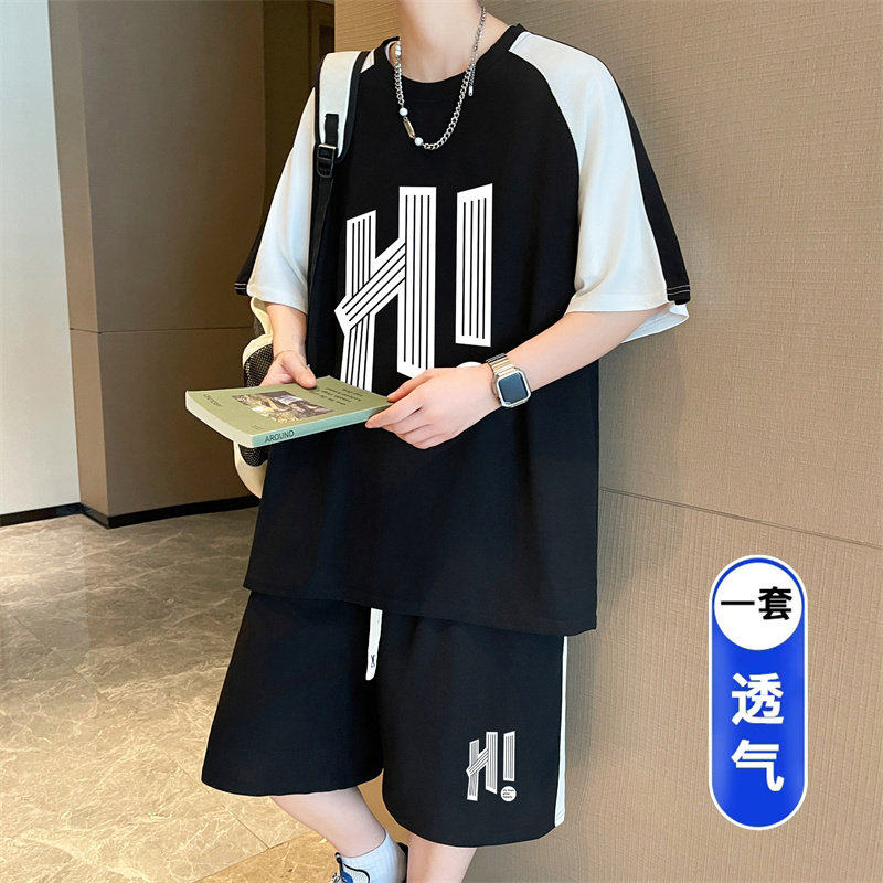 校园日常穿搭青少年夏季潮流个性短袖套装宽松有型透气舒适两件套