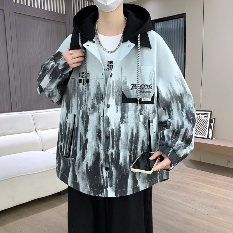 春季男士扎染拼色连帽夹克