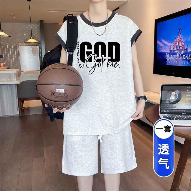韩系穿搭夏季轻薄透气时尚套装宽松有型男生篮球服个性百搭两件套