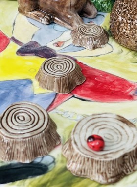 瓷蓓高温釉下树桩压盆石盆托小径陶瓷森系防风防咬造景用品摆台装