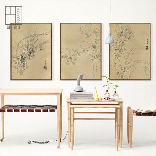 现代中式素色百花新谱装饰画玄关走廊A-GB001餐客厅厅茶室背景晶