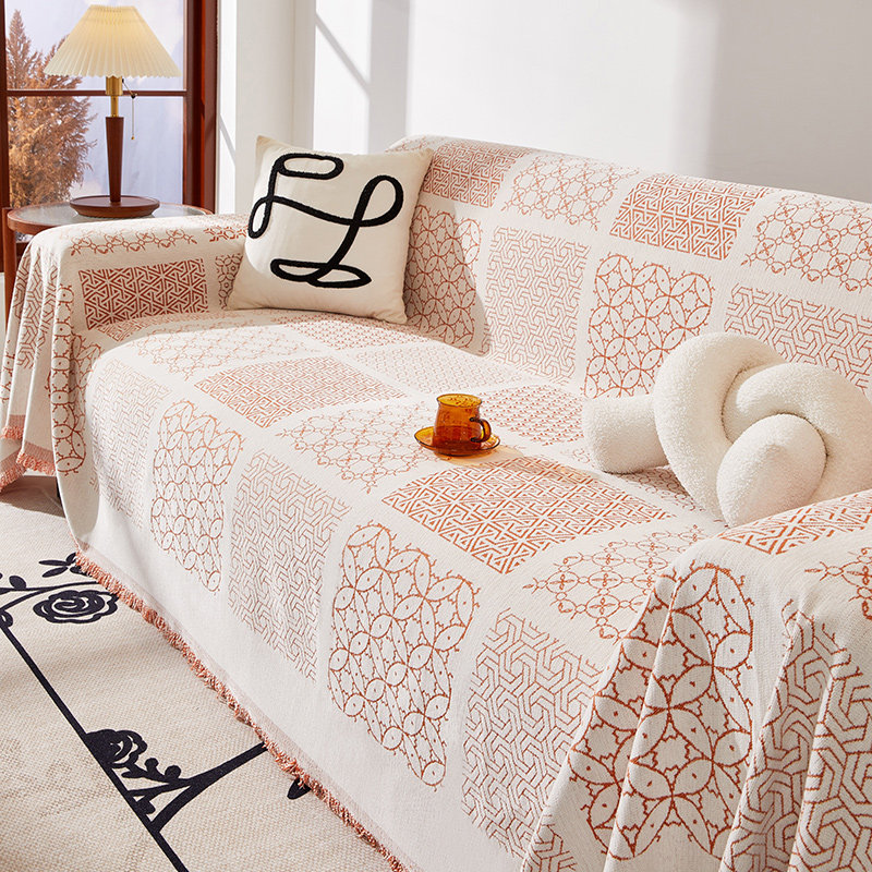橘色高档沙发巾2023年新款四季通用三坐直排沙发套罩全包秋冬盖布