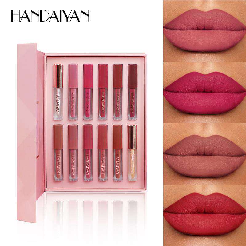 12 Colors Matte Lip Gloss 12 色哑光唇釉不沾杯金闪珠光小方管