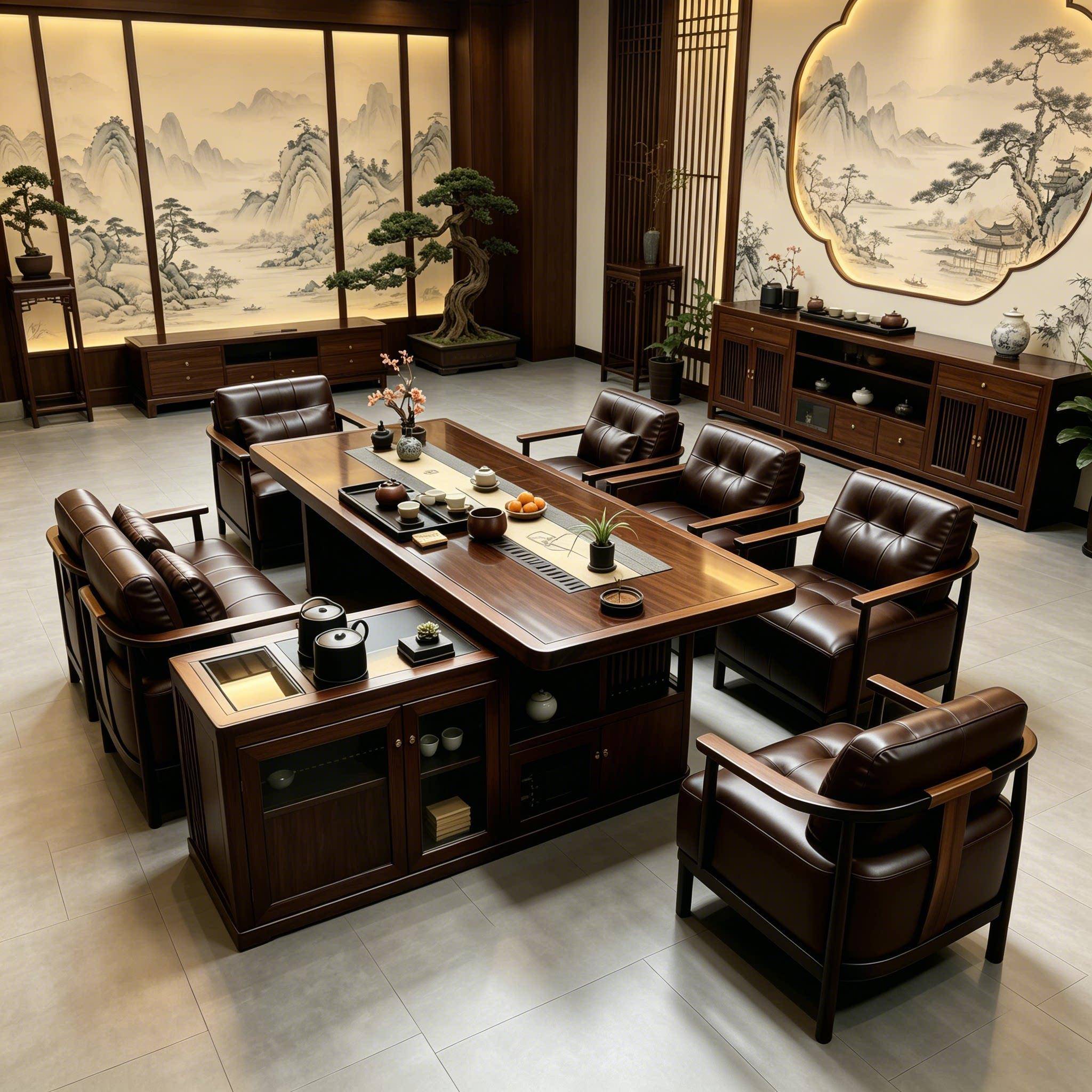 总裁办公实木茶桌椅组合 新中式轻奢真皮茶台 商用会客功夫泡茶桌