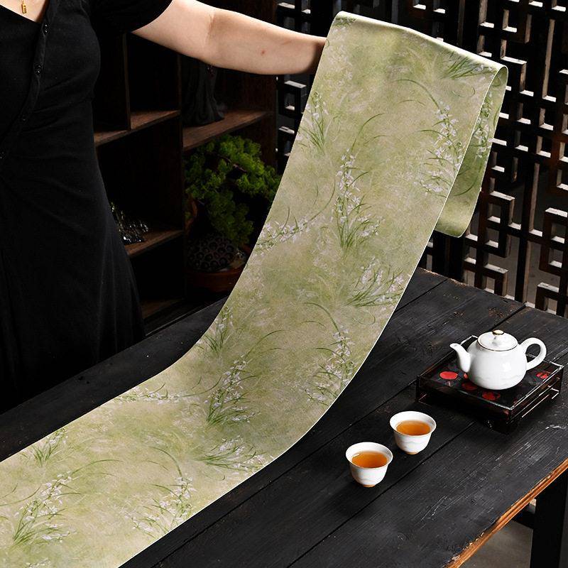 新中式长条茶席防水双面布艺茶桌垫布兰草宋代茶垫茶台干泡台桌旗