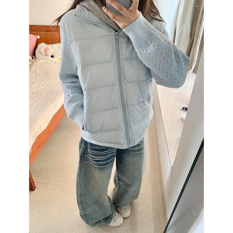 蓝色针织拼接羽绒棉服女秋冬2025新款设计感加厚保暖小个子短外套,女装/女士精品,棉衣/棉服,淘宝优惠券,粉丝福利购,淘宝优惠卷