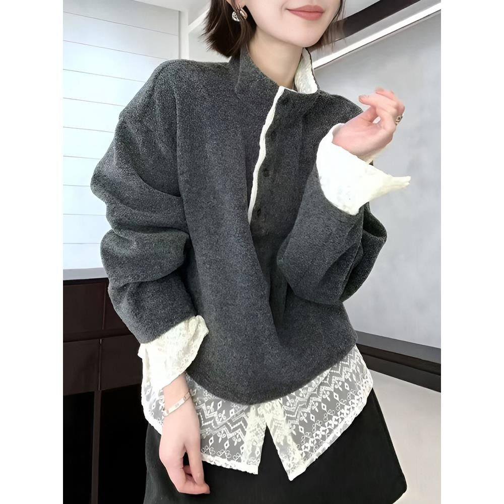 大码叠穿蕾丝假两件半高领卫衣女秋冬胖MM高级感加厚灰色外套上衣,女装/女士精品,卫衣/绒衫,淘宝优惠券,粉丝福利购,淘宝优惠卷