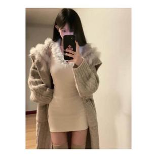 中长款针织开衫女秋冬加厚外搭毛衣高级感宽松慵懒风毛领大衣外套