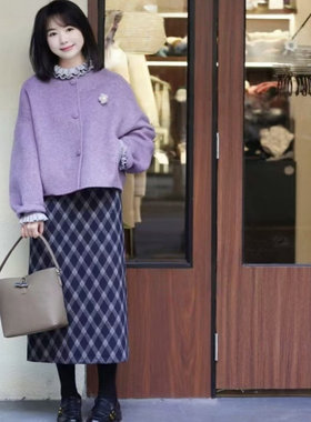 紫色短款双面羊毛毛呢外套女装冬季2025新款高级感小个子呢子大衣