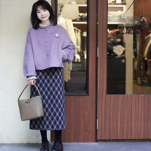 紫色短款双面羊毛毛呢外套女装冬季2025新款高级感小个子呢子大衣