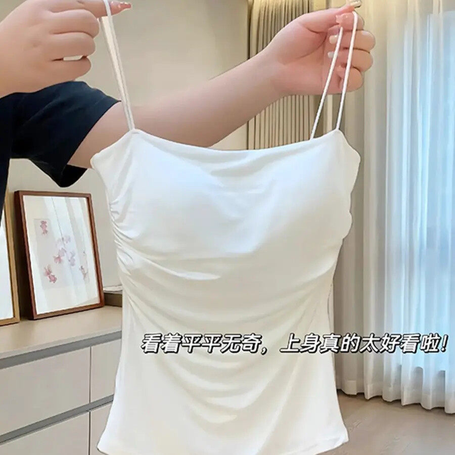 大码褶皱白色吊带背心女内搭带胸垫一体美背纯欲风外穿上衣夏胖mm